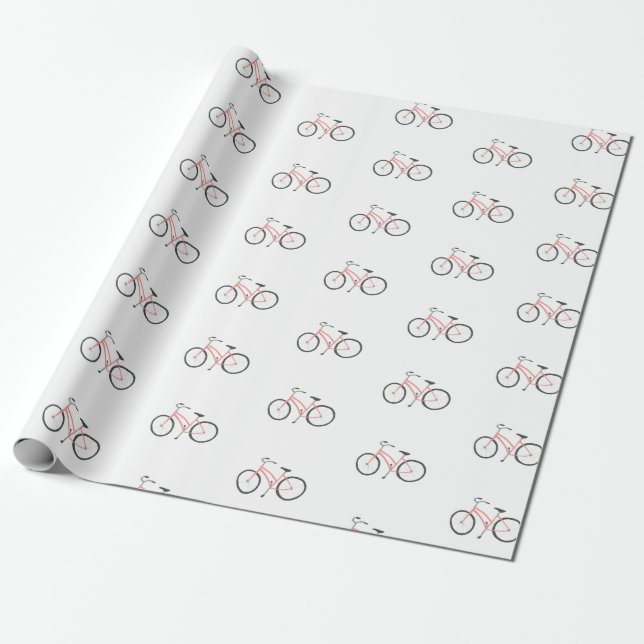 Papier Cadeau Vélos roses doux sur papier d'emballage blanc (Déroulé)