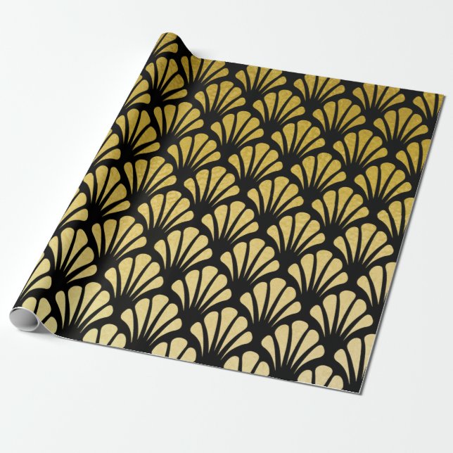 Papier Cadeau Ventilateur Art Déco Motif Black & Faux Gold Foil (Déroulé)