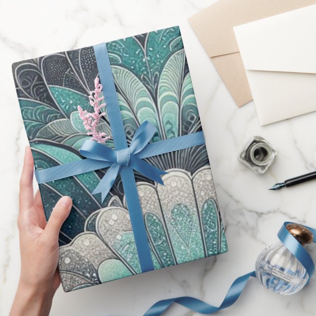 Papier Cadeau Ventilateurs Art Nouveau bleu et argent (Cadeaux)