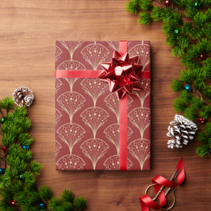 Papier Cadeau Ventilateurs Gold Art Déco sur Arrière - plan roug