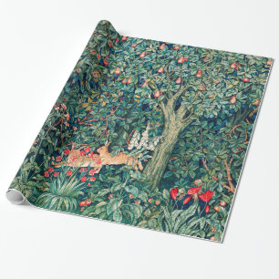 Papier Cadeau VERDURE, Hares d'ANIMAUX FORESTIERS, Floral vert