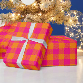 Papier Cadeau Vérification de Noël rose chaud et orange vif