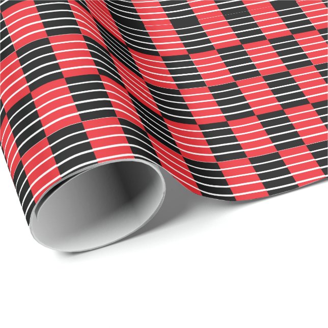 Papier Cadeau Vérifications et rayures rouges noires  (Coin rond)