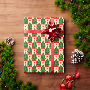 Papier Cadeau Vérifications rouges avec pays des arbres