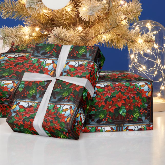 Papier Cadeau Verre tendu Poinsettia Rouge Fleurs et baies (Vacances)