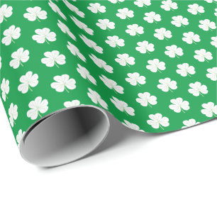 Papier Cadeau Vert Blanc Elégant Shamrock irlandais Motif Clover