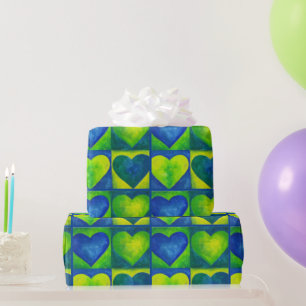 Papier Cadeau Vert bleu Abstrait Aquarelle peinte Coeurs