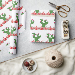 Papier Cadeau Vert Cactus Fleurs Orange Floral