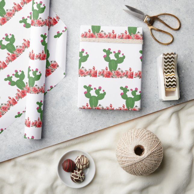 Papier Cadeau Vert Cactus Fleurs Orange Floral  (Artisanat)