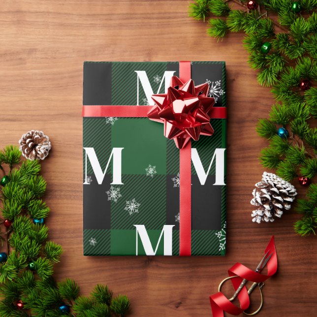 Papier Cadeau Vert carreaux & flocons de neige Monogramme Initia (Cadeau de vacances)