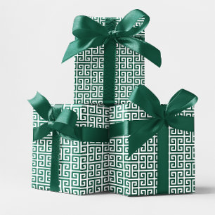 Papier Cadeau Vert chasseresse et motif clé grec blanc