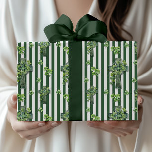 Papier Cadeau Vert chasseur rayé trèfle croix St. Patrick