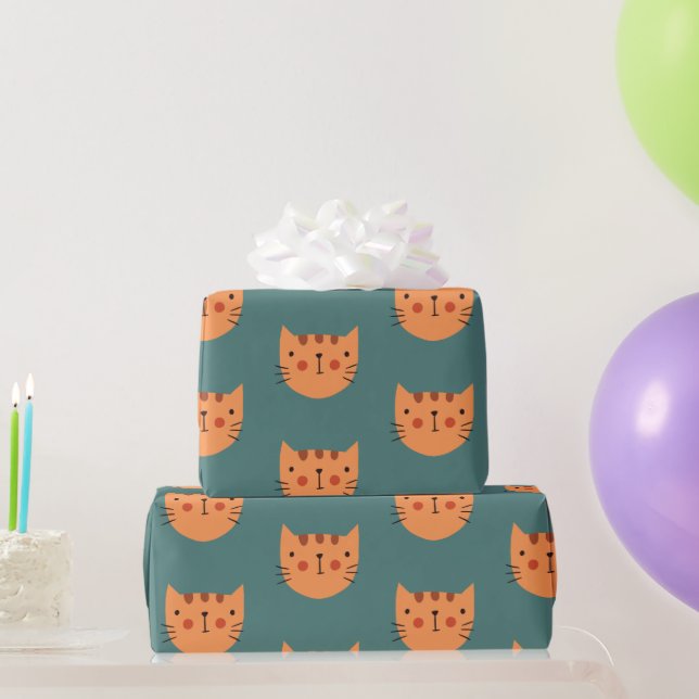 Papier Cadeau Vert chat mignon orange (Cadeaux de fête)