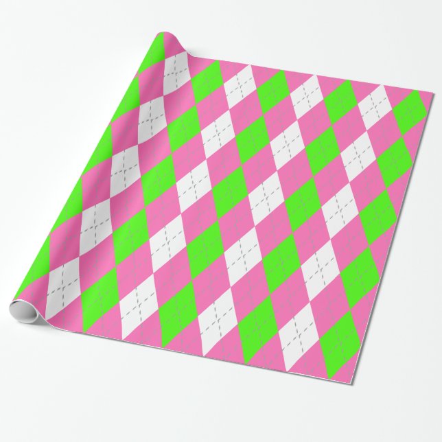 Papier Cadeau Vert Citron Rose Chaud Gris Foncé Blanc XL Argyle (Déroulé)