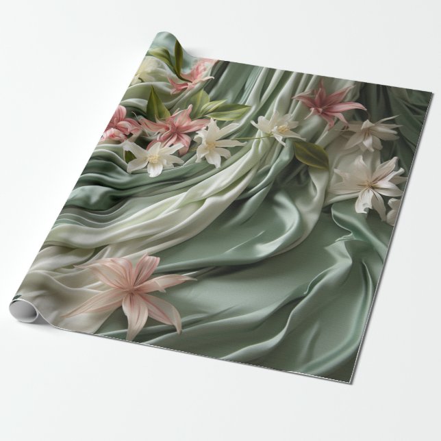 Papier Cadeau Vert, Crème, Rideaux de Soie & Fleurs Rose Clair (Déroulé)