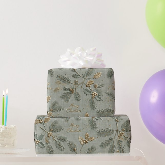 Papier cadeau vert doré en relief Joyeux Noël (Cadeaux de fête)