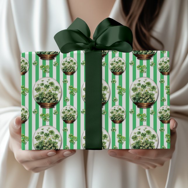 Papier Cadeau Vert émeraude rayé Clover mignon St. Patrick Day (Créateur téléchargé)