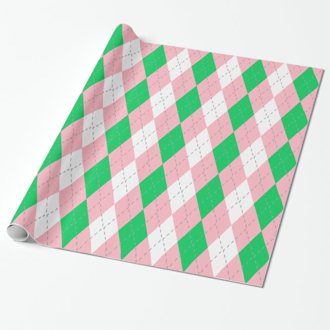 Papier Cadeau Vert émeraude rose gris foncé blanc XL Argyle (Déroulé)