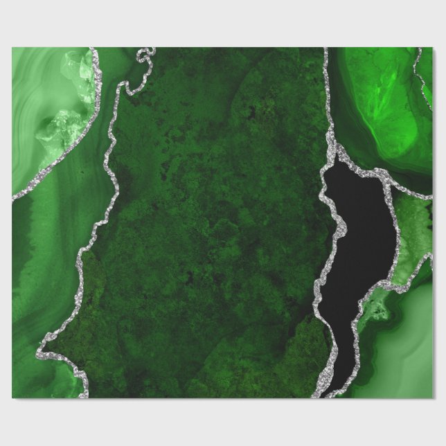 Papier Cadeau Vert et argenté Faux Paillettes Agate (Plat)
