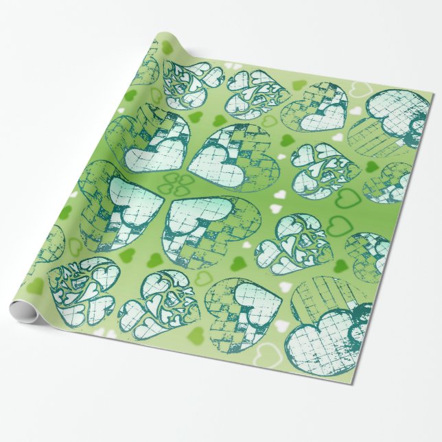 Papier Cadeau Vert et blanc Whimsical Romantique Coeurs motif (Déroulé)