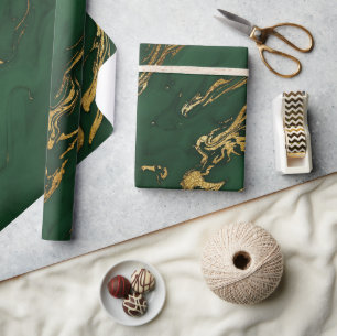 Papier Cadeau Vert et Or Élégant Marbre de Pierre Automne