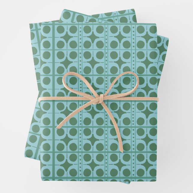 Papier cadeau vert et sarcelle à pois rétro (En situation)