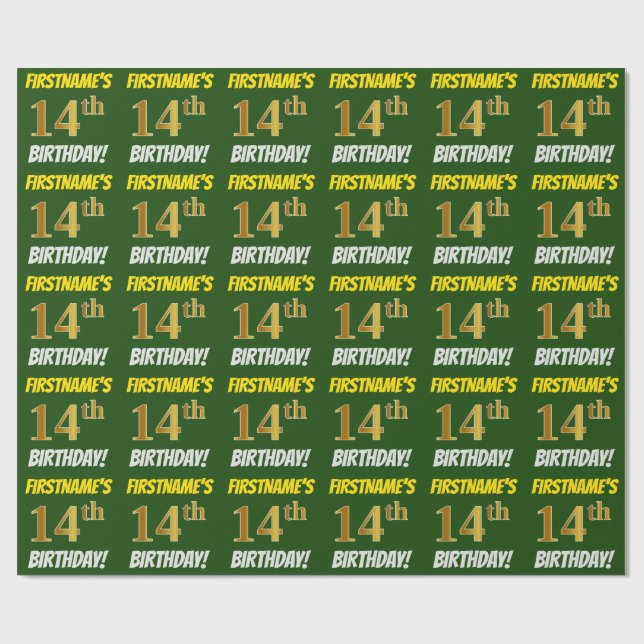 Papier Cadeau Vert, Faux/Imitation Or, "14e anniversaire" (Plat)
