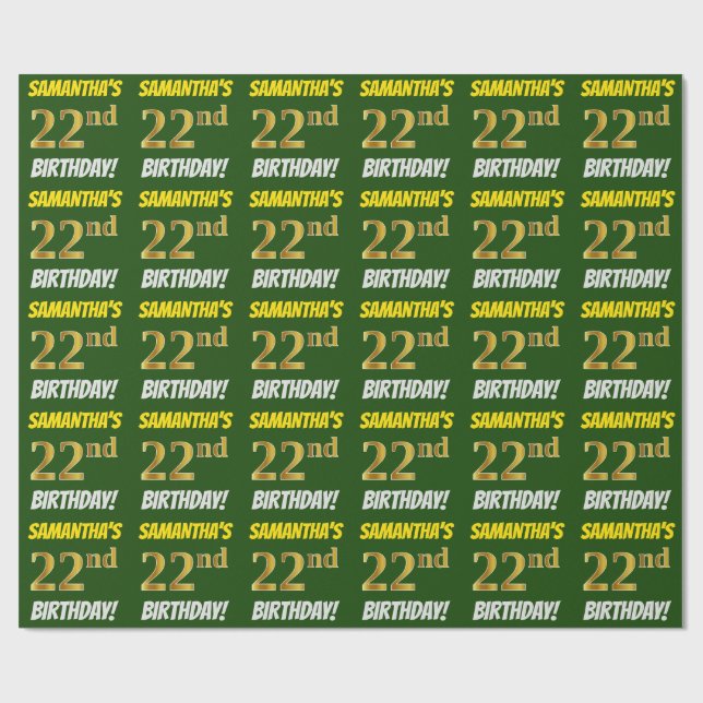 Papier Cadeau Vert, Faux/Imitation Or, "22e anniversaire" (Plat)