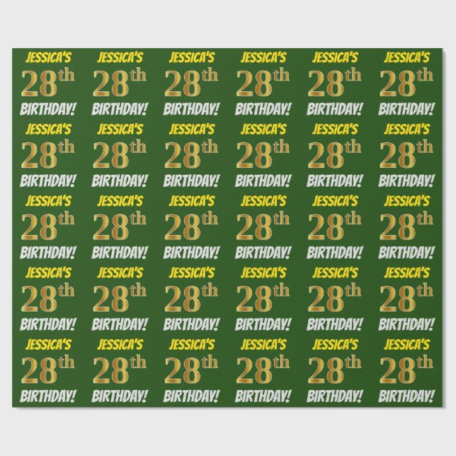 Papier Cadeau Vert, Faux/Imitation Or, "28e ANNIVERSAIRE" (Plat)
