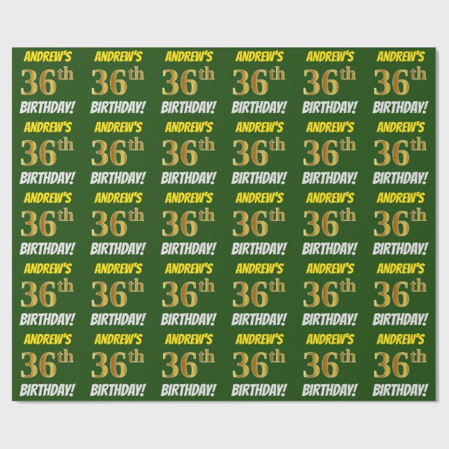 Papier Cadeau Vert, Faux/Imitation Or, "36e anniversaire" (Plat)