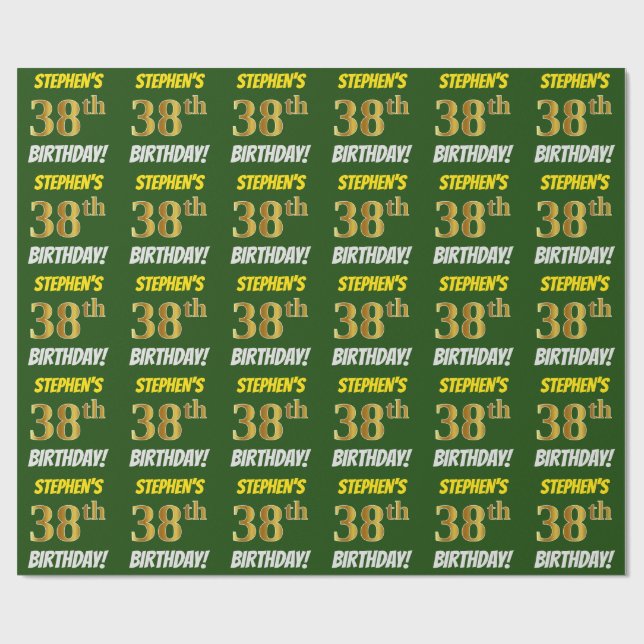 Papier Cadeau Vert, Faux/Imitation Or, "38e ANNIVERSAIRE" (Plat)