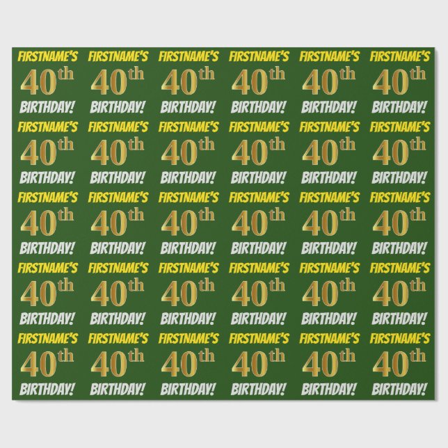 Papier Cadeau Vert, Faux/Imitation Or, "40e ANNIVERSAIRE" (Plat)