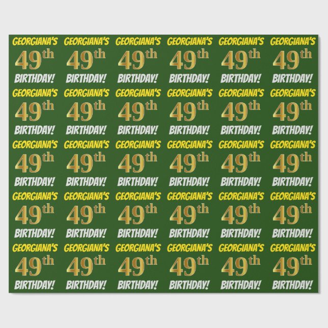 Papier Cadeau Vert, Faux/Imitation Or, "49e anniversaire" (Plat)