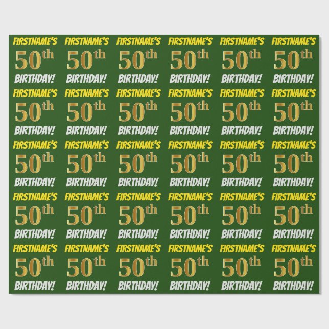 Papier Cadeau Vert, Faux/Imitation Or, "50e ANNIVERSAIRE" (Plat)