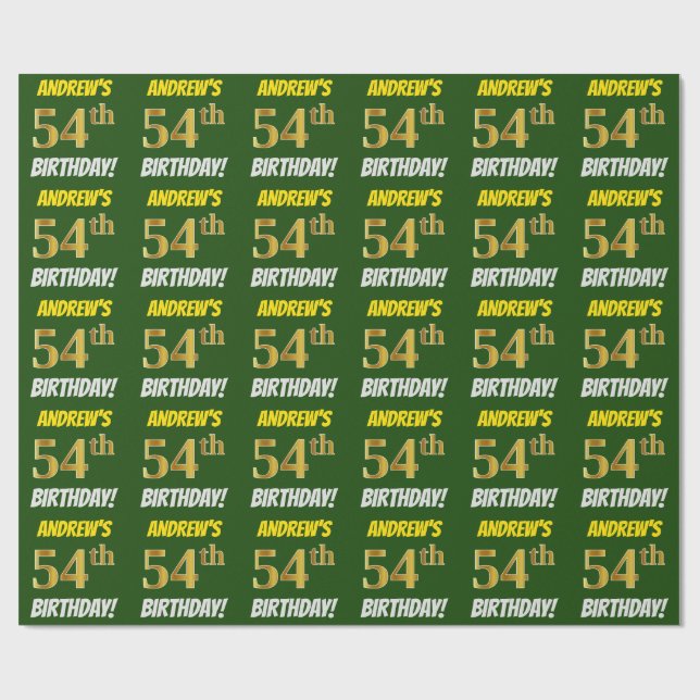 Papier Cadeau Vert, Faux/Imitation Or, "54e anniversaire" (Plat)
