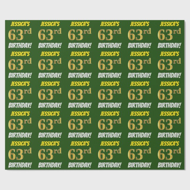Papier Cadeau Vert, Faux/Imitation Or, "63e anniversaire" (Plat)