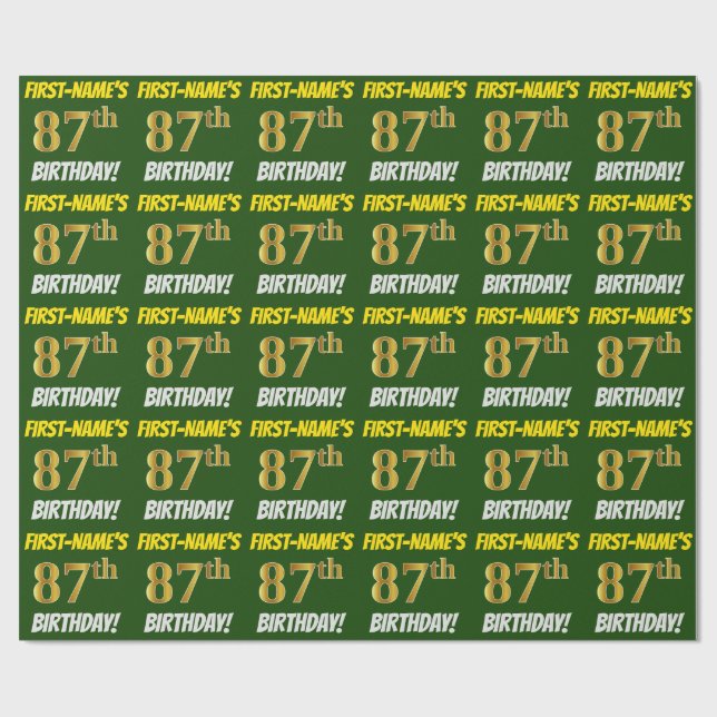 Papier Cadeau Vert, Faux/Imitation Or, "87ème anniversaire" (Plat)