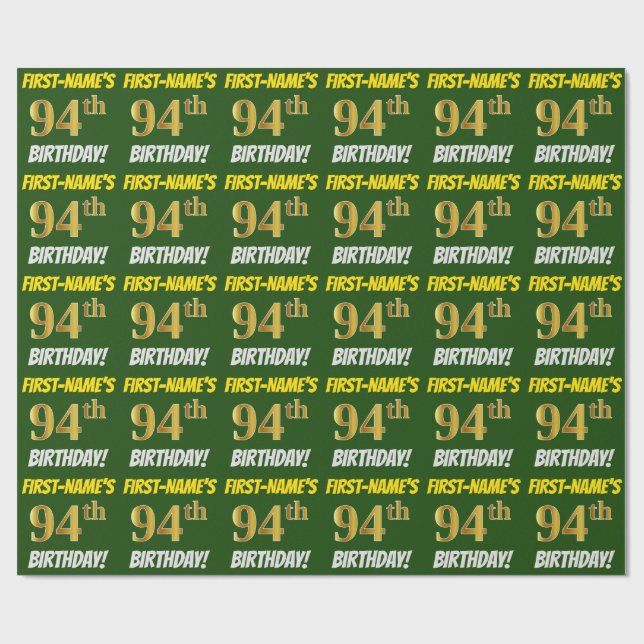 Papier Cadeau Vert, Faux/Imitation Or, "94e anniversaire" (Plat)