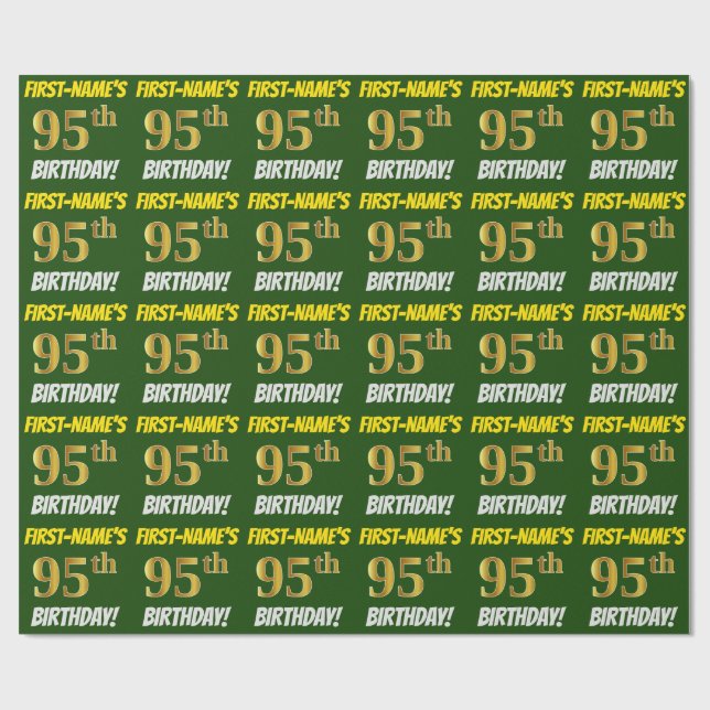 Papier Cadeau Vert, Faux/Imitation Or, "95ème anniversaire" (Plat)
