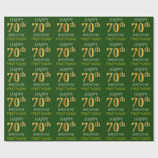Papier Cadeau Vert, Faux Or "HEUREUX 70e ANNIVERSAIRE" (Plat)