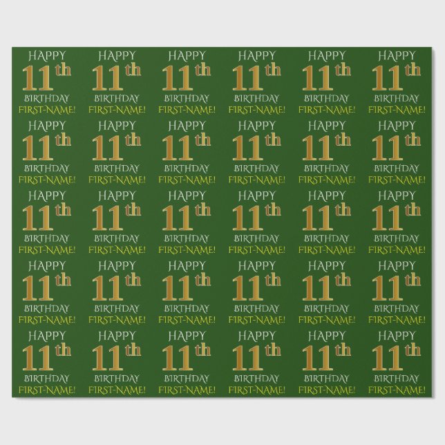 Papier Cadeau Vert, Faux Or "Joyeux 11e ANNIVERSAIRE" (Plat)