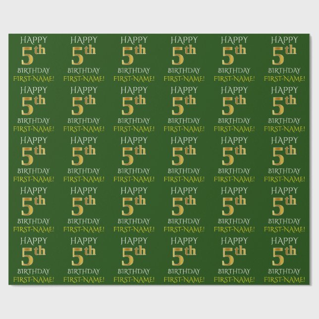 Papier Cadeau Vert, Faux Or "Joyeux 5e ANNIVERSAIRE" (Plat)