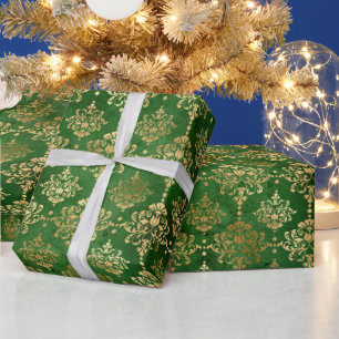 Papier Cadeau Vert festif et damas de Noël en feuille d'or