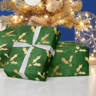 Papier Cadeau Vert festif et houx de Noël d'hiver en feuille d'o