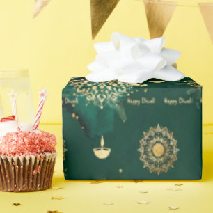 Papier cadeau vert foncé et or Joyeux Diwali