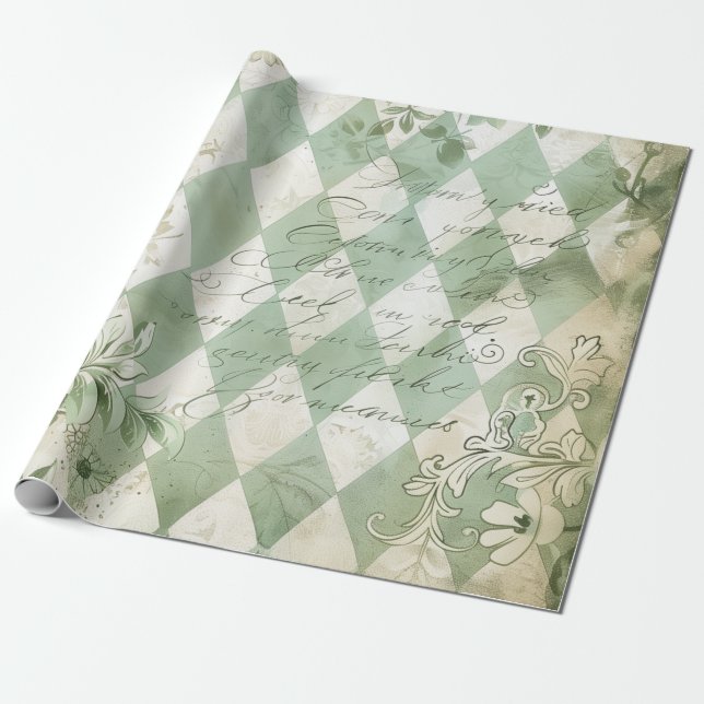 Papier Cadeau Vert Harlequin Floral Script Vintage (Déroulé)