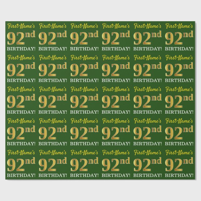 Papier Cadeau Vert, Imitation Gold Look "92e anniversaire" (Plat)