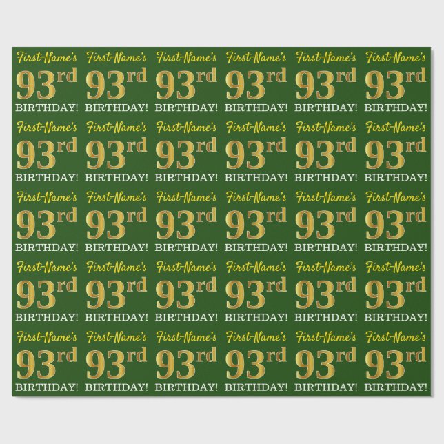 Papier Cadeau Vert, Imitation Gold Look "93ème anniversaire" (Plat)