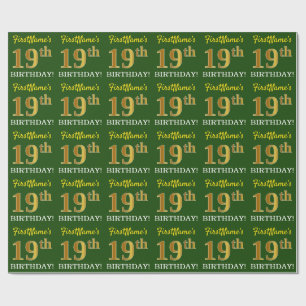 Papier Cadeau Vert, Imitation Or Look "19ème anniversaire"