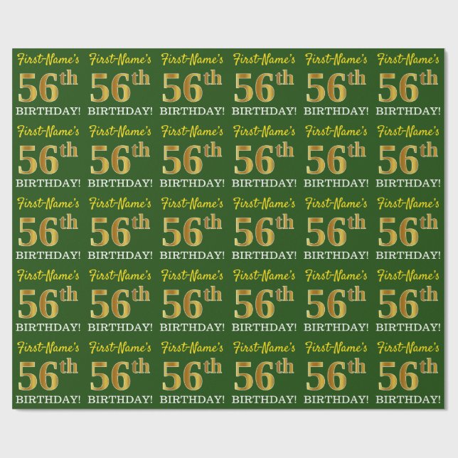 Papier Cadeau Vert, Imitation Or Look "56e anniversaire" (Plat)
